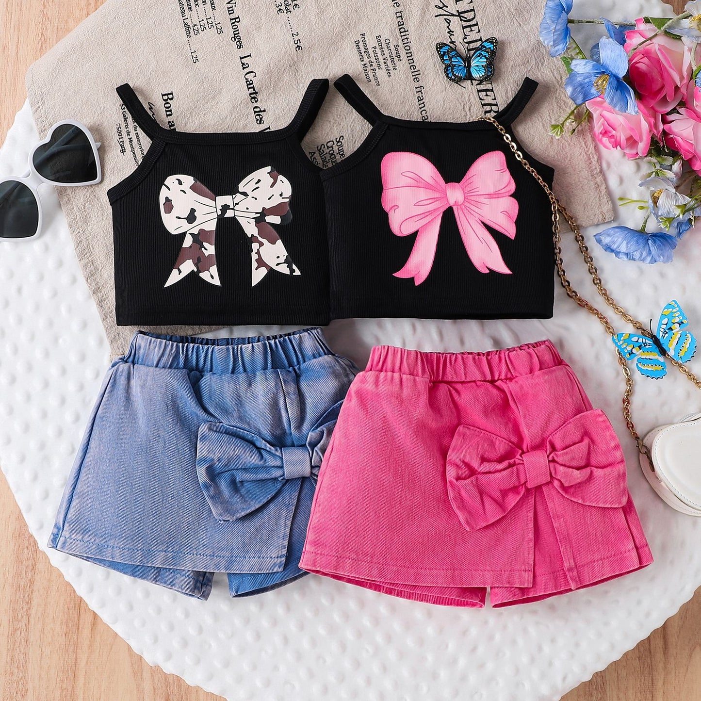 Sweet Cool Female Children's Suit Children Bow Print Sling Irregular Pantskirt