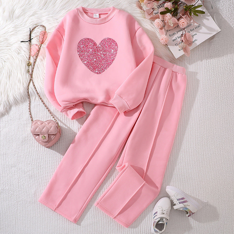 Children's Spring Love Long-sleeved Sweater Trousers Casual Two-piece Set