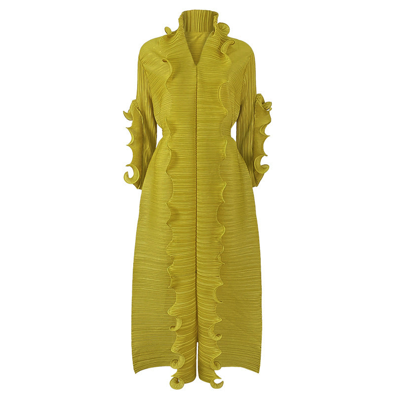 Jupe plissée à volants et manches longues pour femme, couleur unie