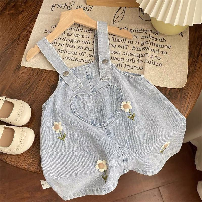 Girls' Suit Lace Shirt Flower Denim Suspender Dress