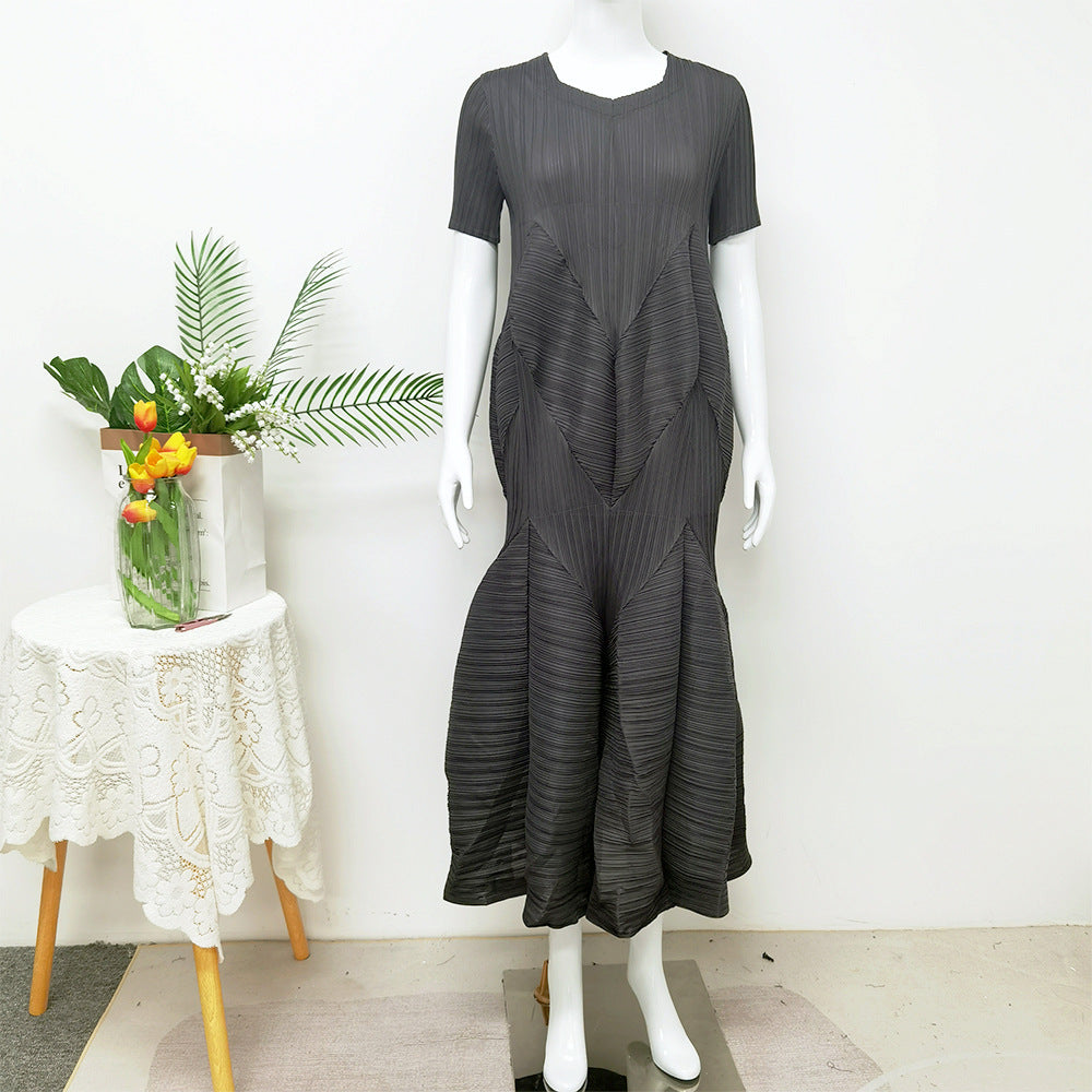 Robe plissée à manches courtes pour femme de style français