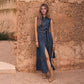 European And American Blue Sleeveless With Waist Lace-up Design Imitation Denim Material