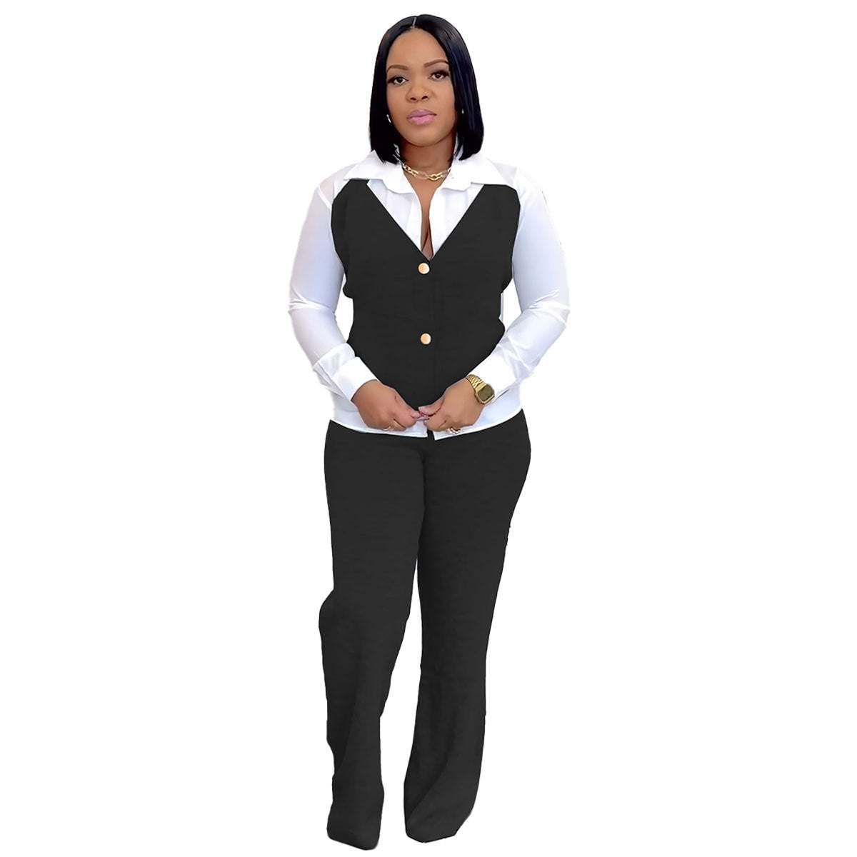 Fake Two Pieces Shirts Vest Stitching Sweater Pants Suit