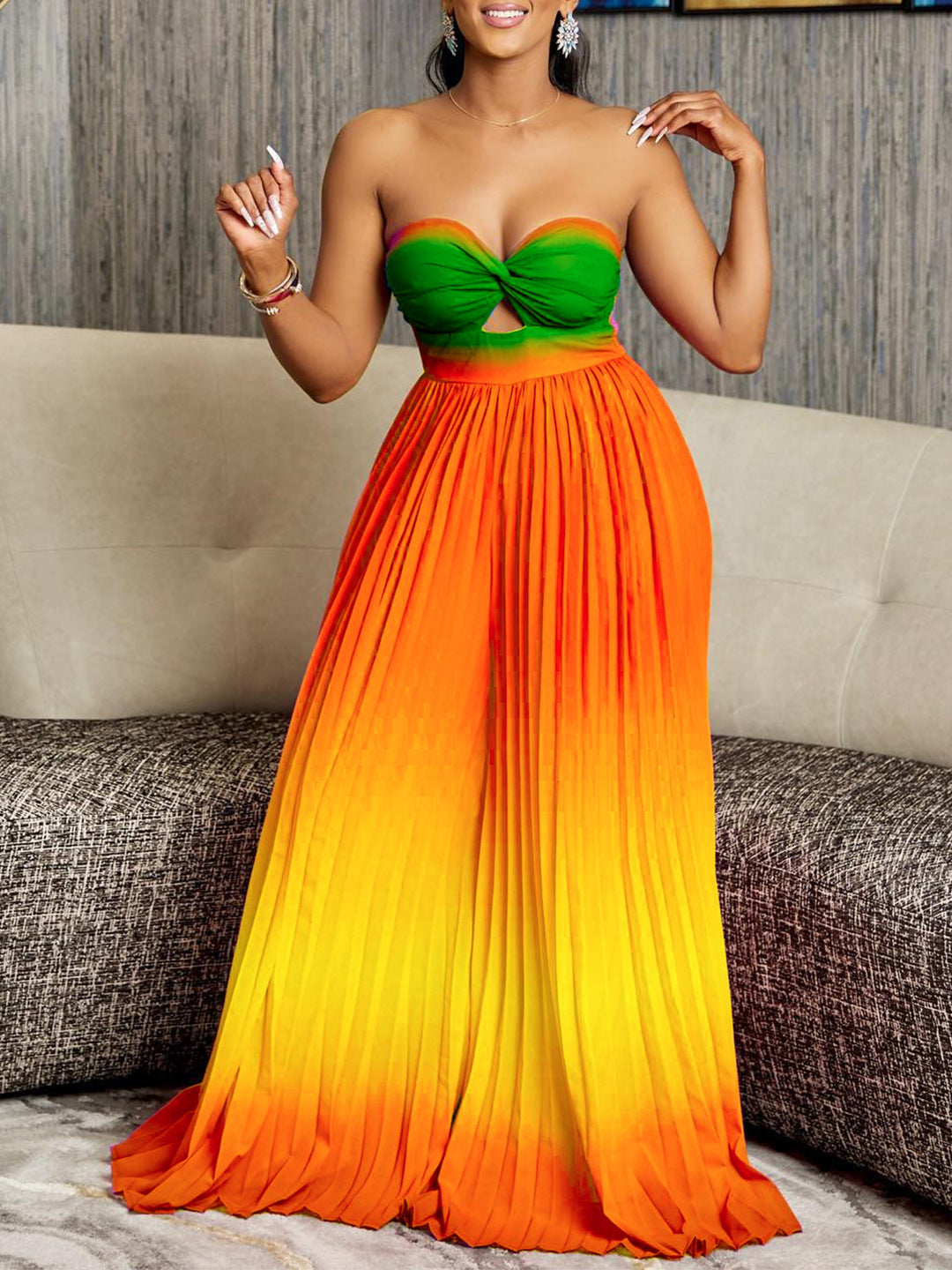 Summer Tube Top Backless Fashion Gradient Color Wide Leg Jumpsuit