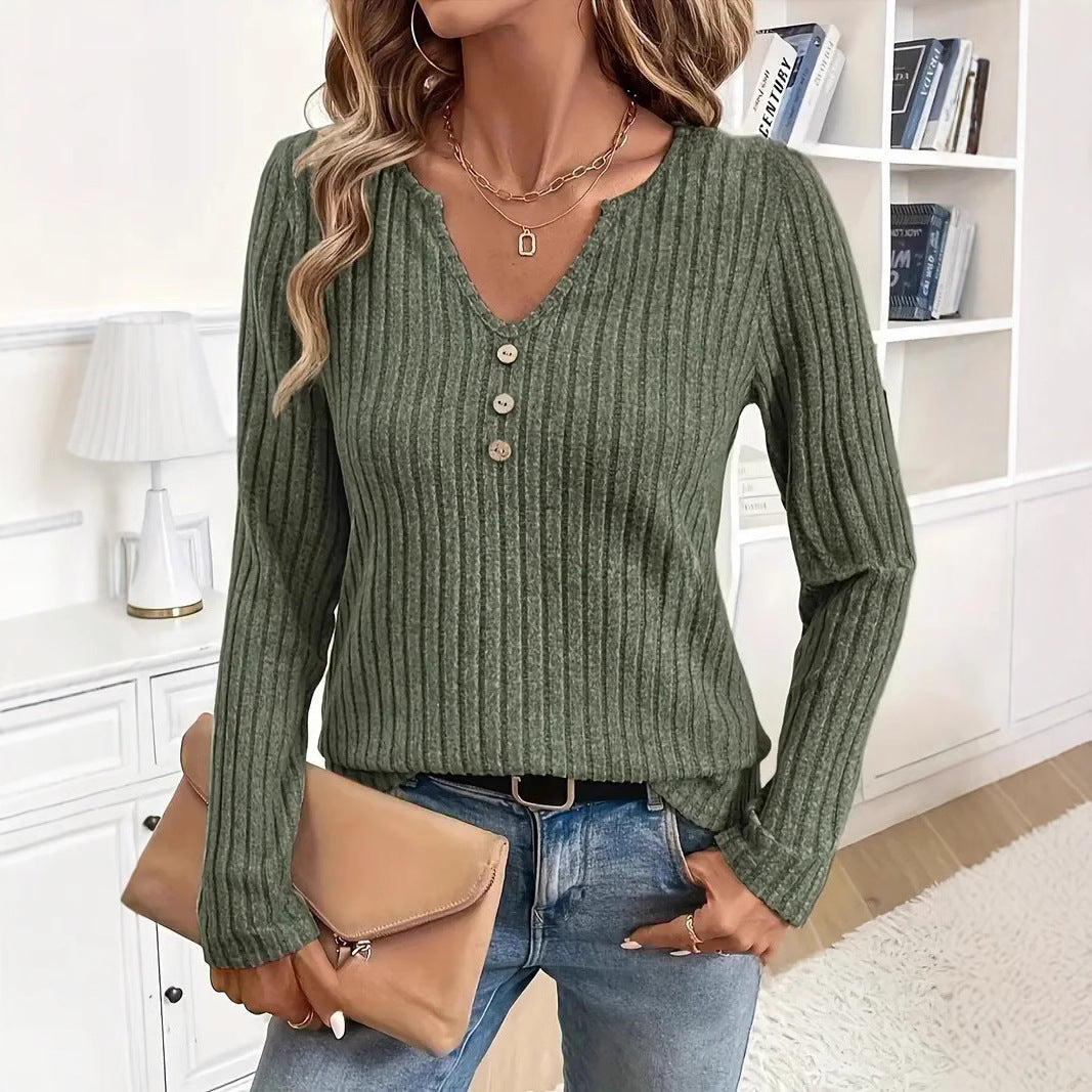Knit Casual Sunken Stripe Autumn New V-neck Button Long Sleeve Top