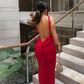 Rose U-shaped Collar Pleated Lace-up Long Dress