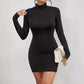 Brushed Black Turtleneck Slim Fit Dress Slimming Long Sleeves All-matching