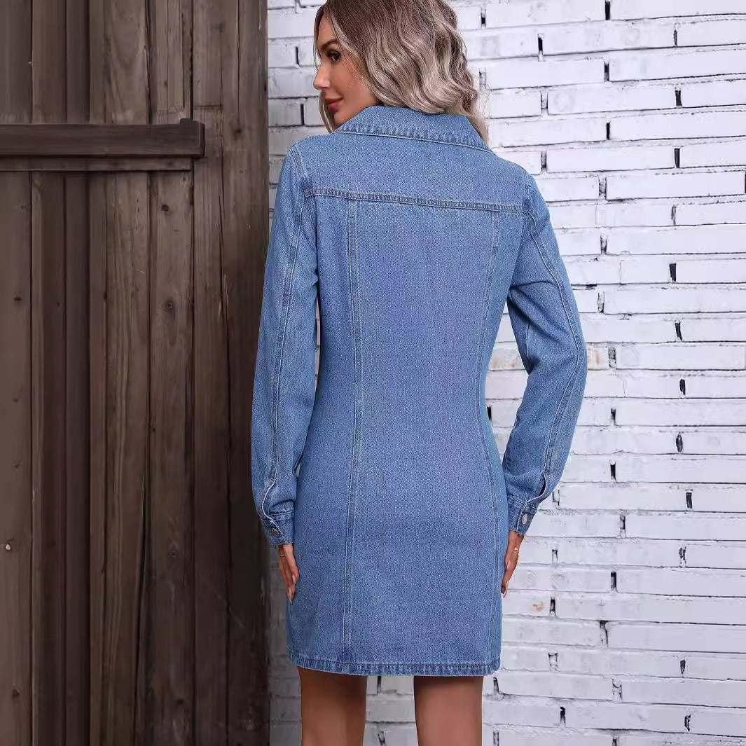 Robe en jean amincissante à manches longues et taille ajustée style rétro