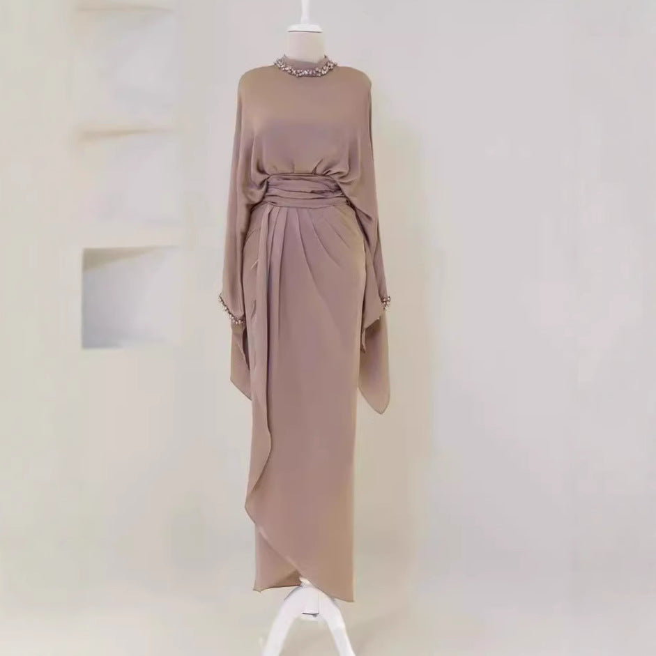 Elegant Batwing Sleeve Top Elegant Waist-tight Mid-length Dress Set