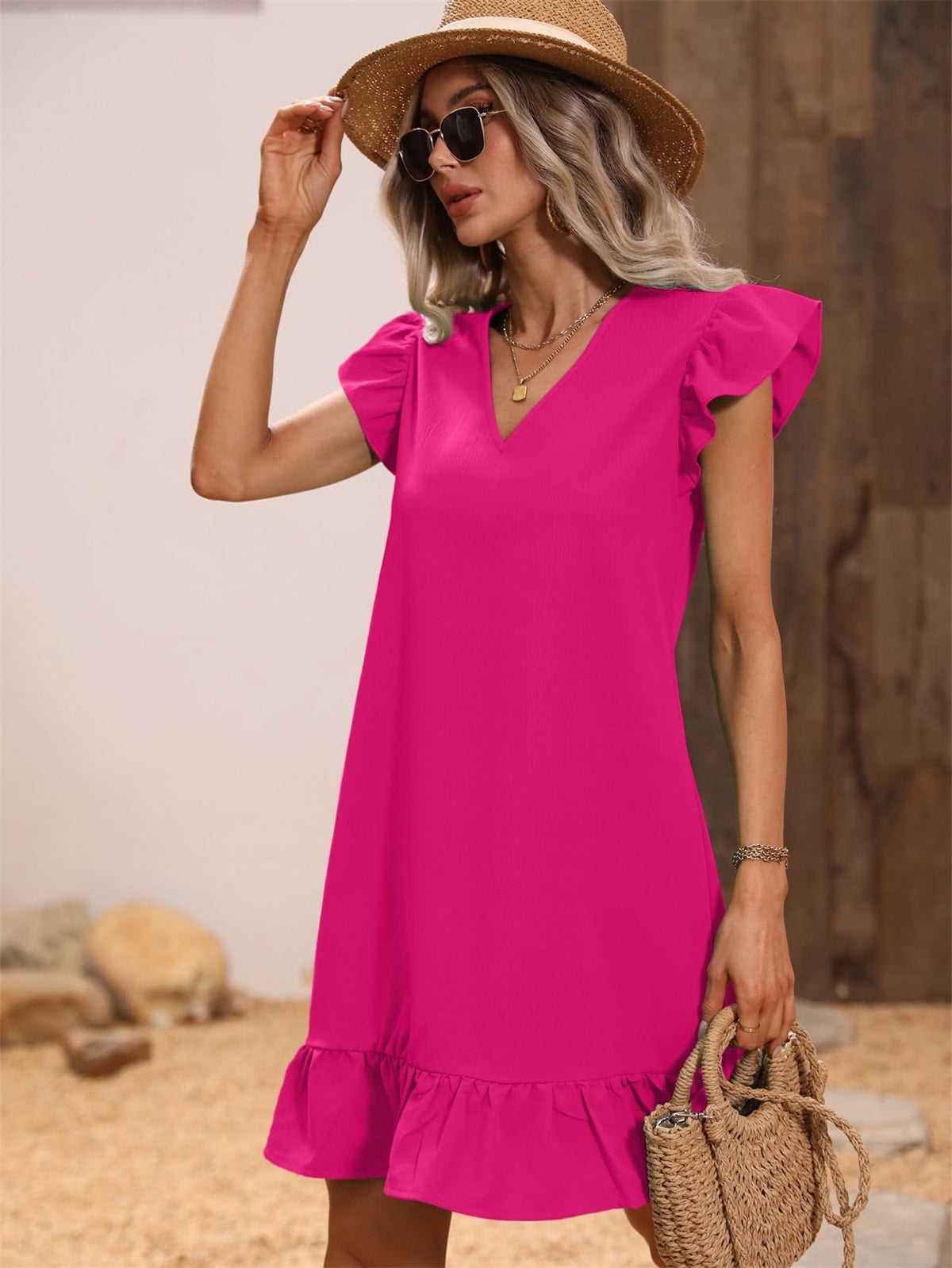 Women's V-neck Ruffle Loose Waist Short Sleeve Dress