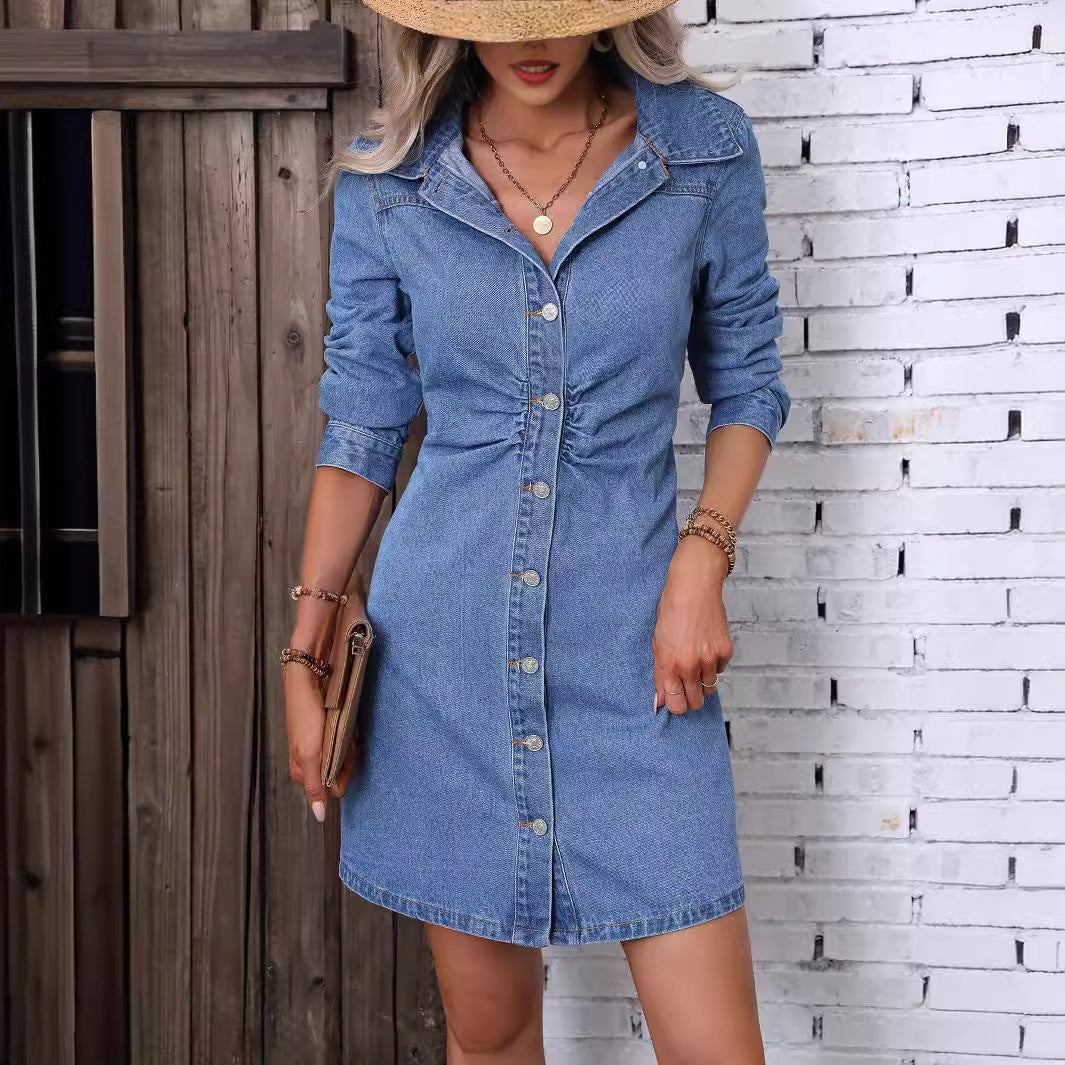 Robe en jean amincissante à manches longues et taille ajustée style rétro