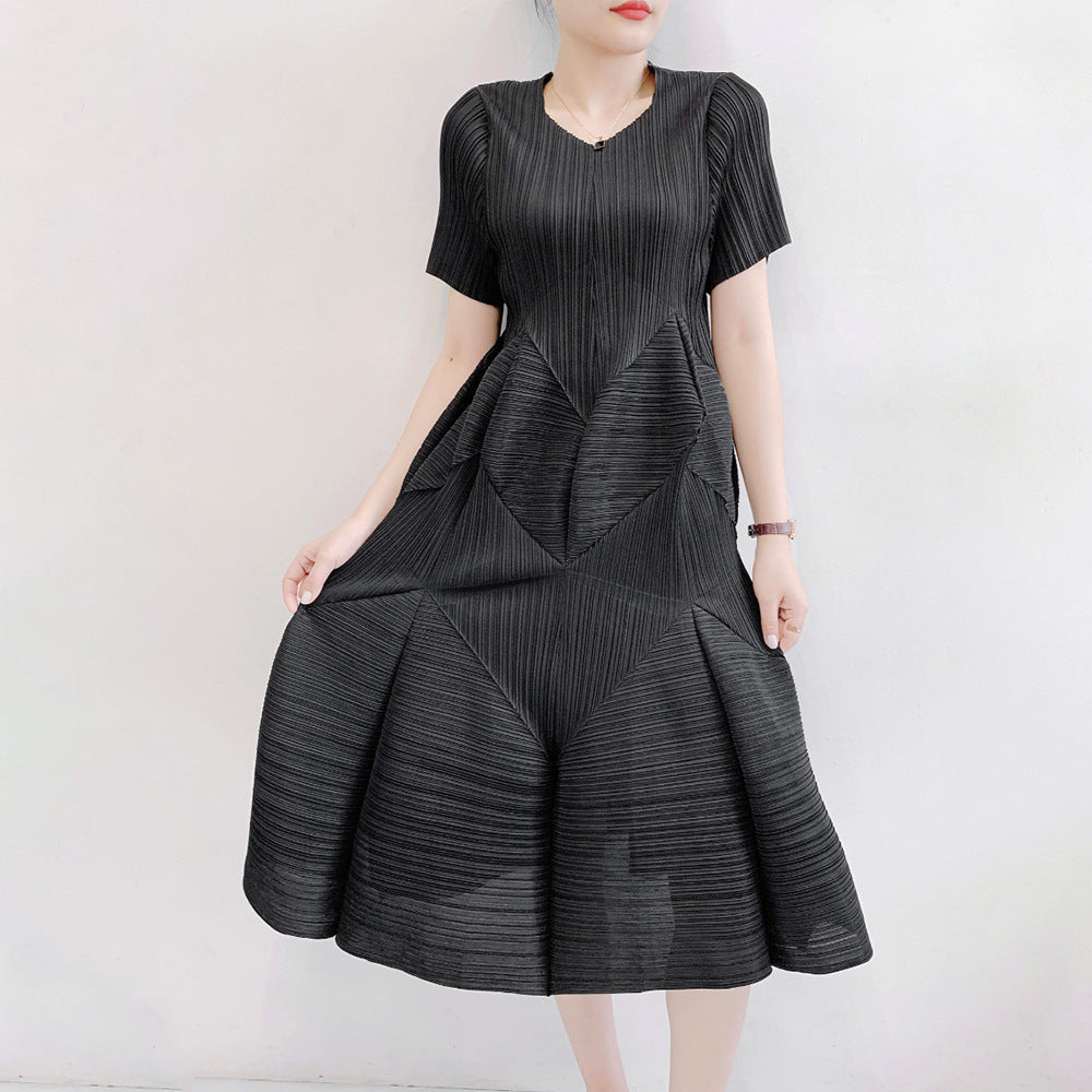 French Style Pleated Dress Women's Short Sleeve