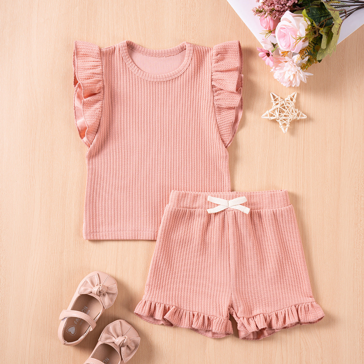 Ensembles d'été pour filles, couleur unie, décontractés, manches volantées, shorts