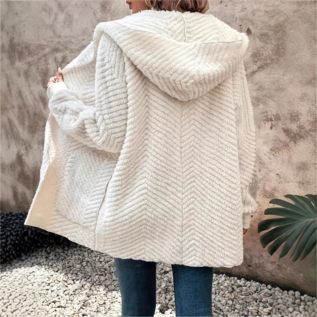 Cardigan à capuche en velours double face à motif ondulé décontracté