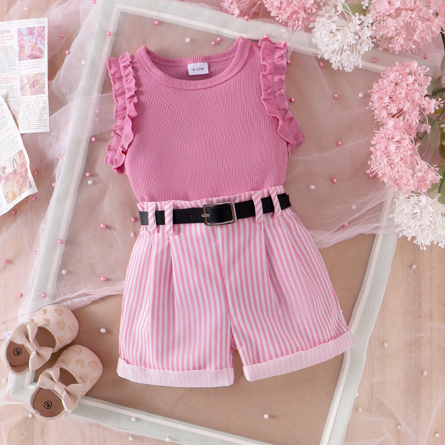 Short sans manches à rayures roses pour fille