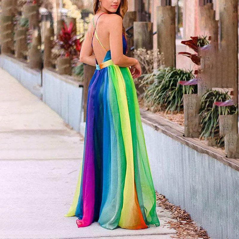 Spring And Summer New Suspenders Deep V Rainbow Mesh Camisole Dress