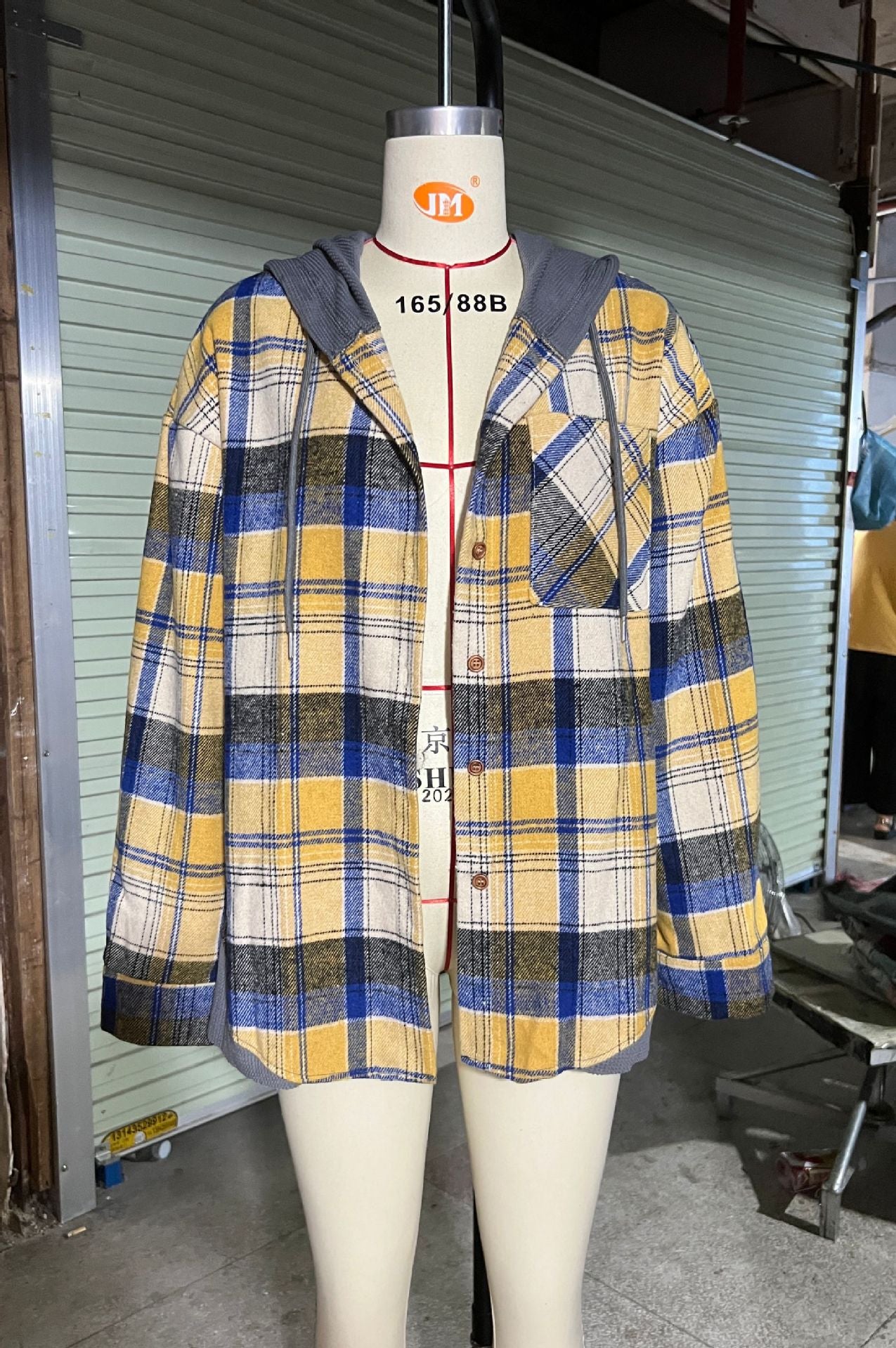 Women's Hooded Spliced Plaid Blouse Woolen Coat