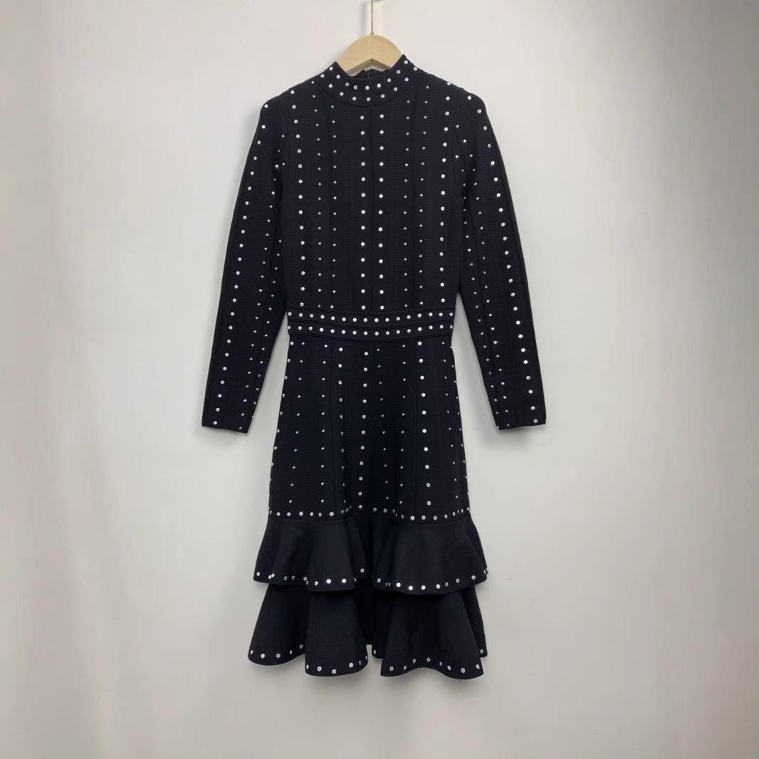 Sequined Ruffles Waist Trimming Knitted Dress