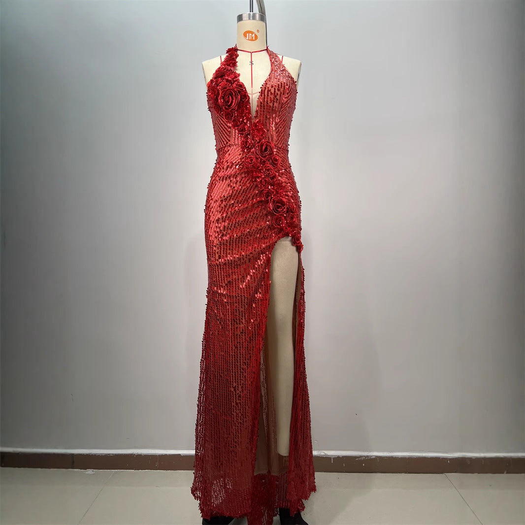 Backless Slim Fit Split Sequined Party Evening Dress