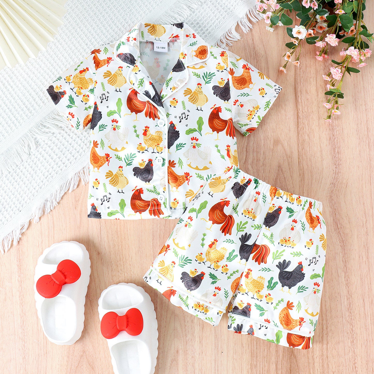 Multi-Color New Pajamas Animal Flowers Print Top With Shorts