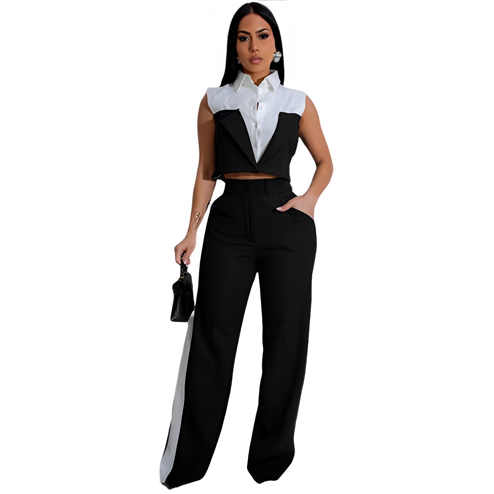 Vest Shirt Stitching Contrast Color Pocket Casual Trousers Two-piece Set