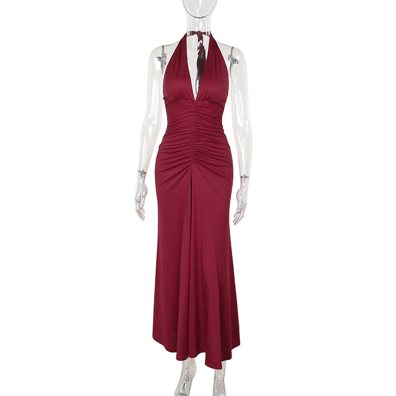 Robe moulante élégante à col en V et à plis, coupe ajustée et amincissante