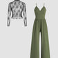 Lace Long Sleeve Sling Slim Fit Bodysuit V-neck Wide Leg Suit