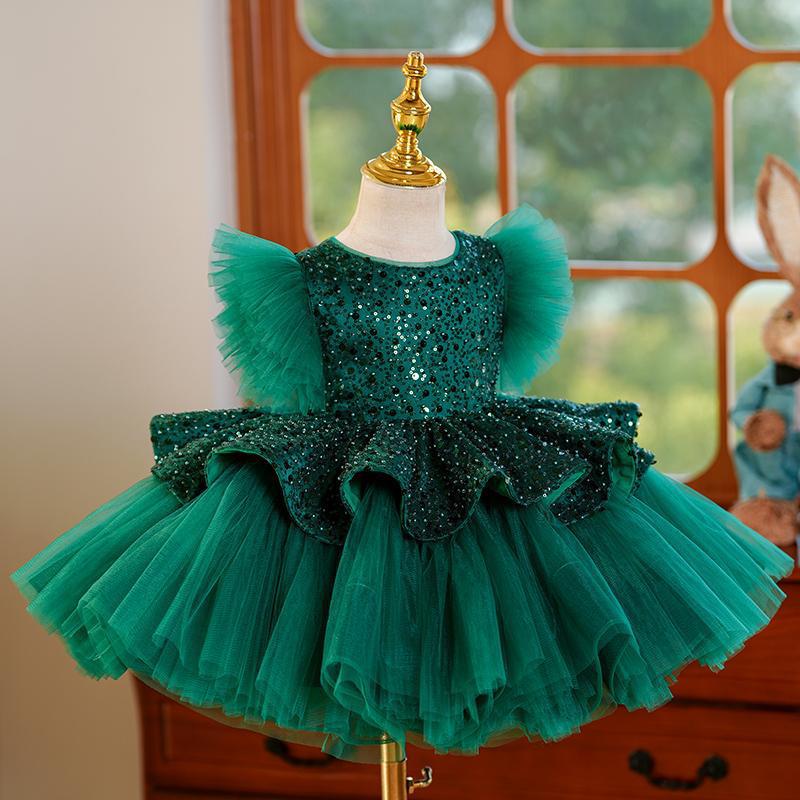 Robe de princesse tutu en tulle à manches volantées et paillettes vertes