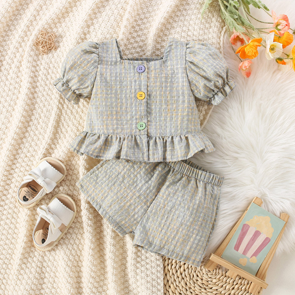 Girls Fashion Personality Plaid Top Shorts Suit