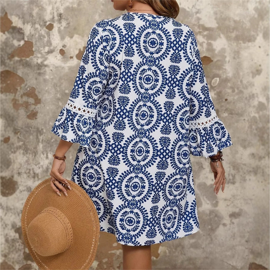 Plus Size Women's Vacation V-neck Lace Printed Dress