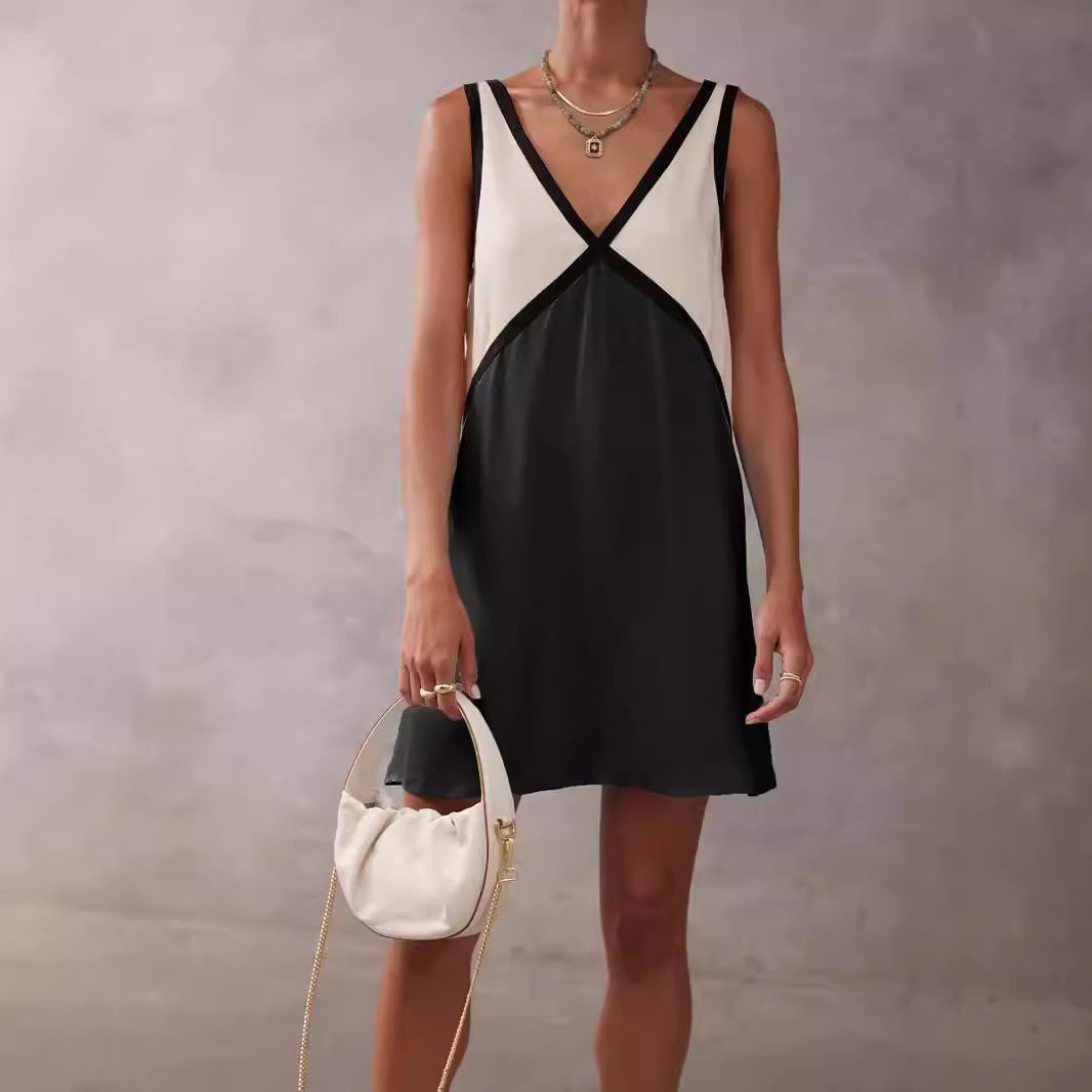 Women's V-neck Loose-fitting Sleeveless Shirt Color-matching Dress