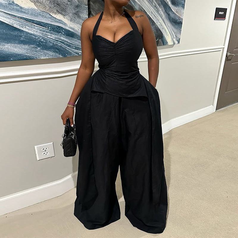 Halter V-neck Irregular Sleeveless High Waist Ribbon Jumpsuit Trousers