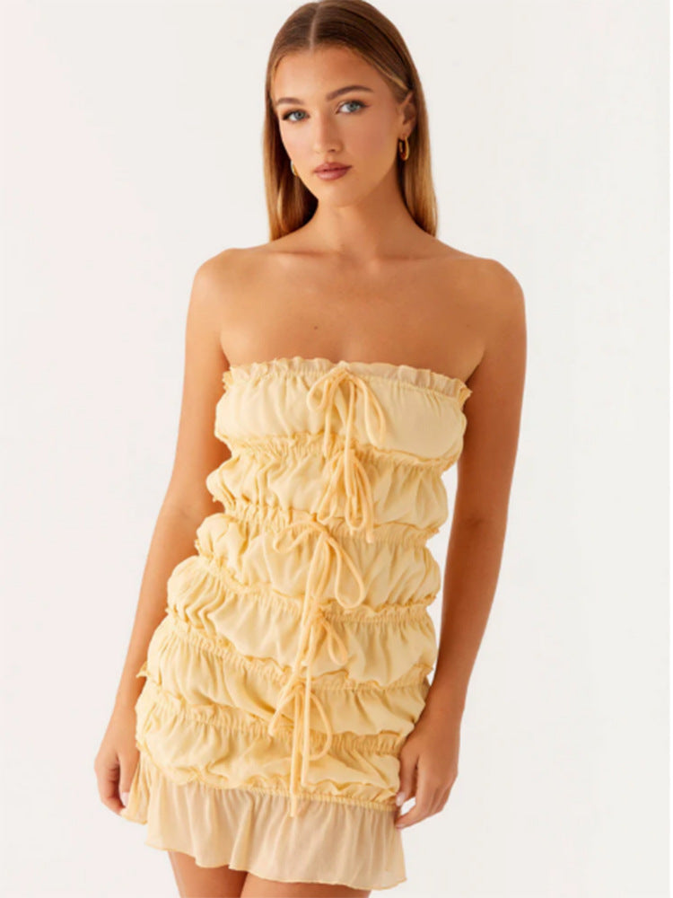 Sweet Yellow Bowknot Lace-up Tube Top Dress