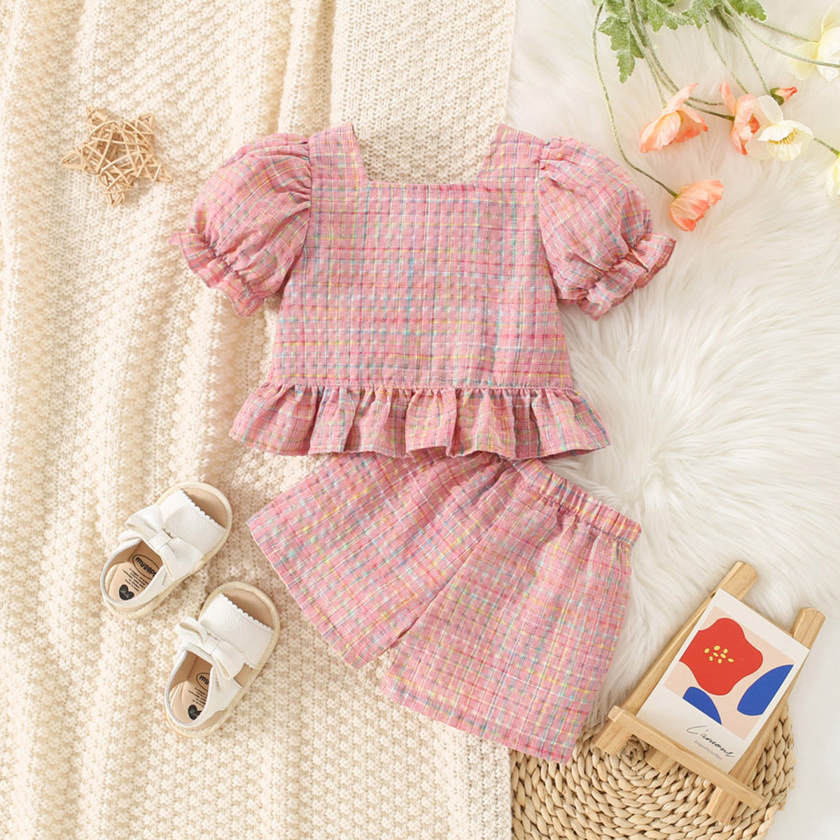 Girls Fashion Personality Plaid Top Shorts Suit
