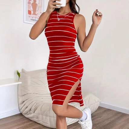 Women's Elegant Striped Printed Slit Dress