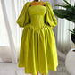 Women's Square Collar Waist Girdling Band Lantern Sleeve A- Line Dress