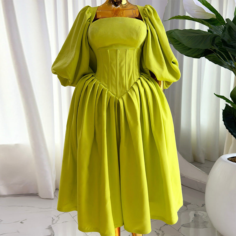 Women's Square Collar Waist Girdling Band Lantern Sleeve A- Line Dress