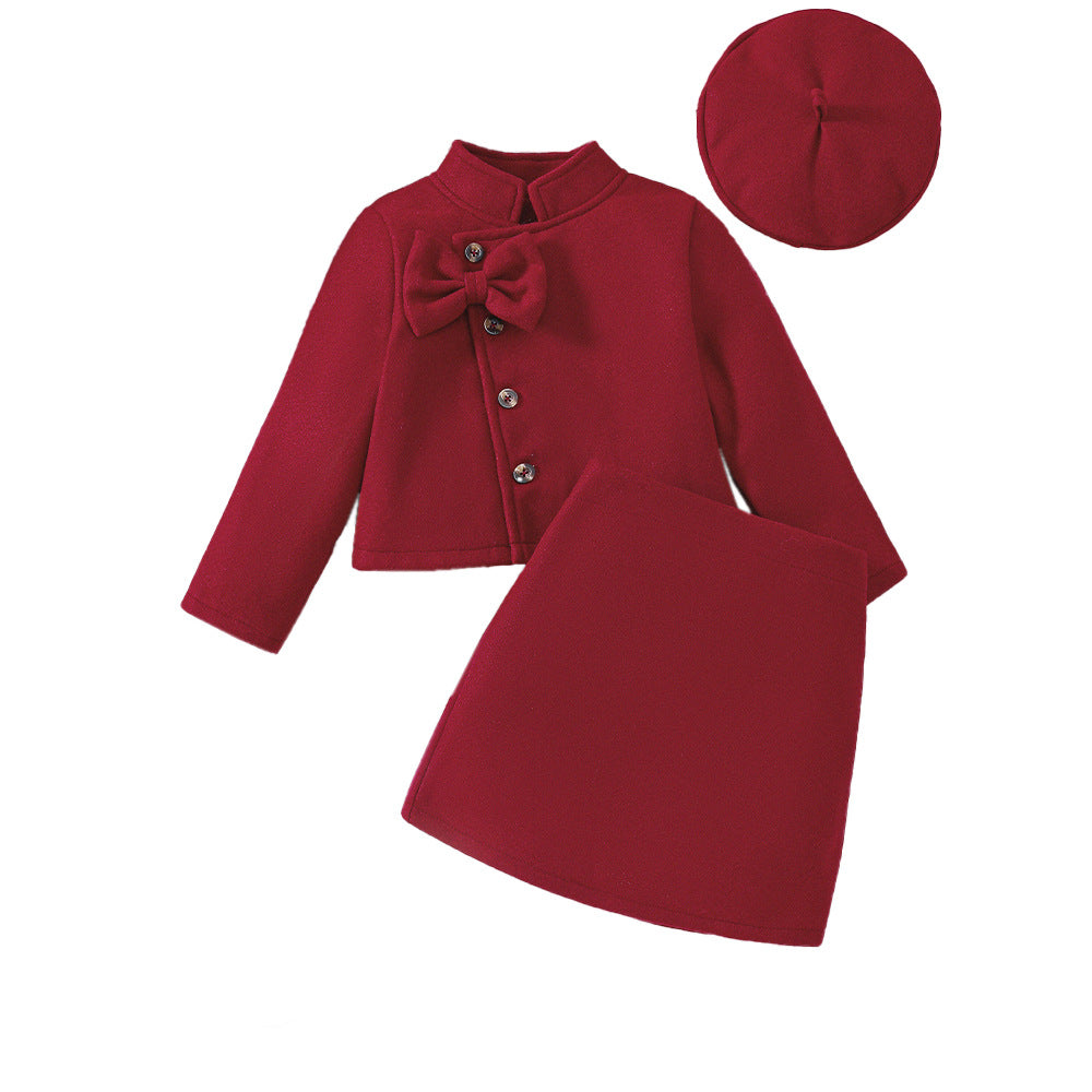 Girls' Autumn And Winter New Woolen Bow Top Skirt Outfit