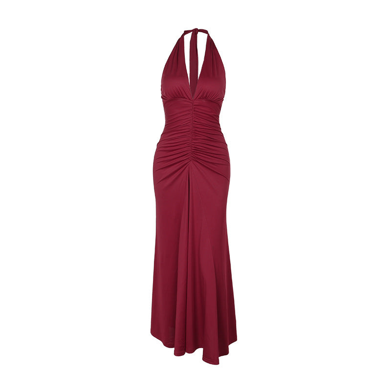 Robe moulante élégante à col en V et à plis, coupe ajustée et amincissante
