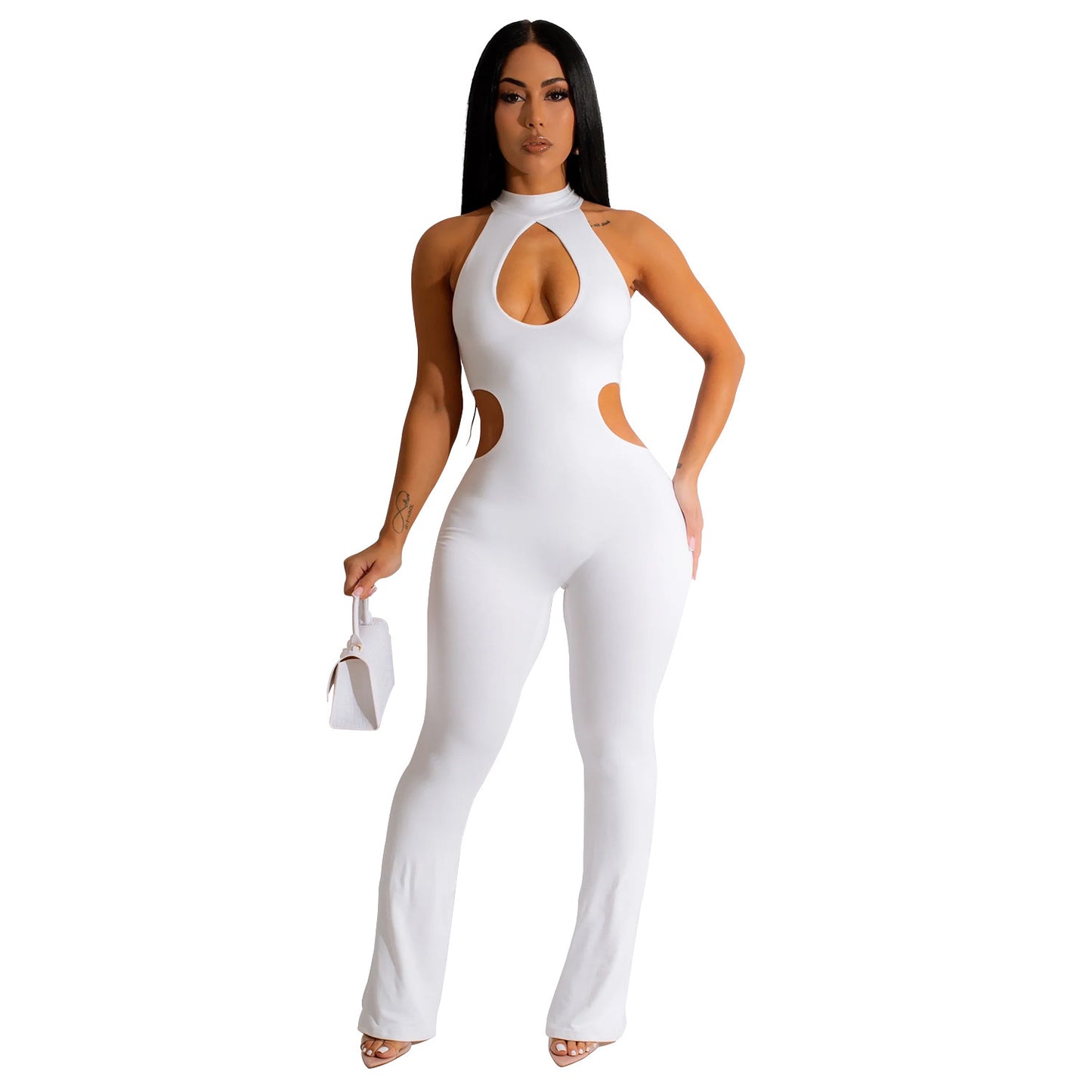 Women's Solid Color Halter Hollow-out Jumpsuit
