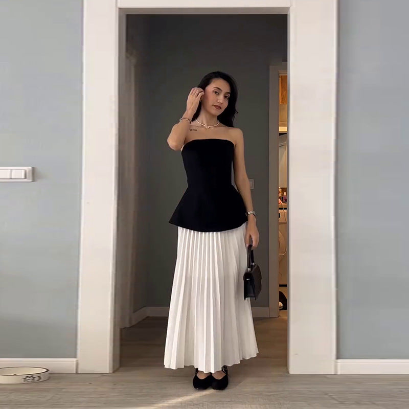 Women's Tube Top Slimming Top Fashion Pleated A- Line Skirt