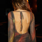 Women's Summer Waist Trimming Printing Silk Net Short Backless Dress