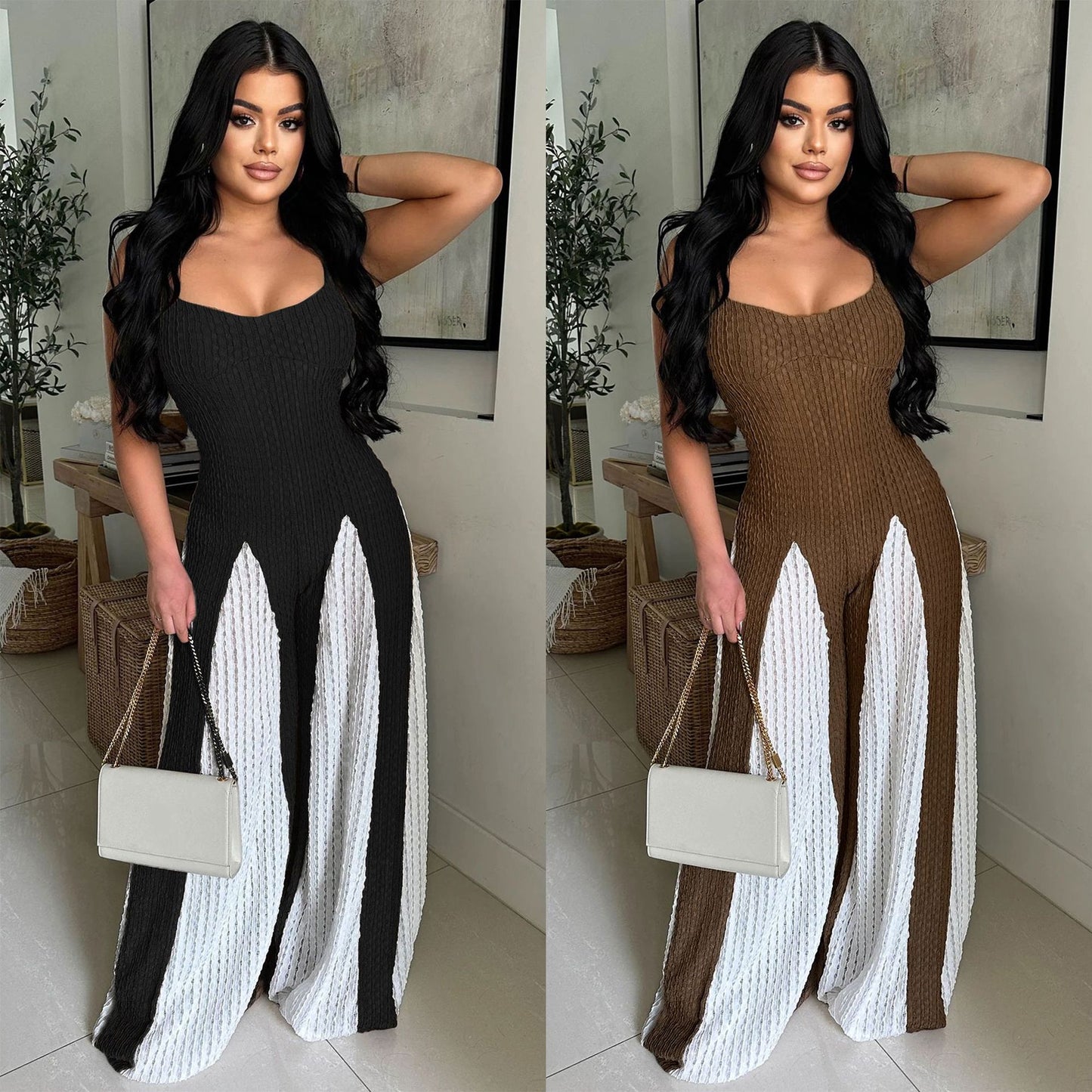 Cutout Wide Leg Knitted Sling Stitching Contrast Color Jumpsuit