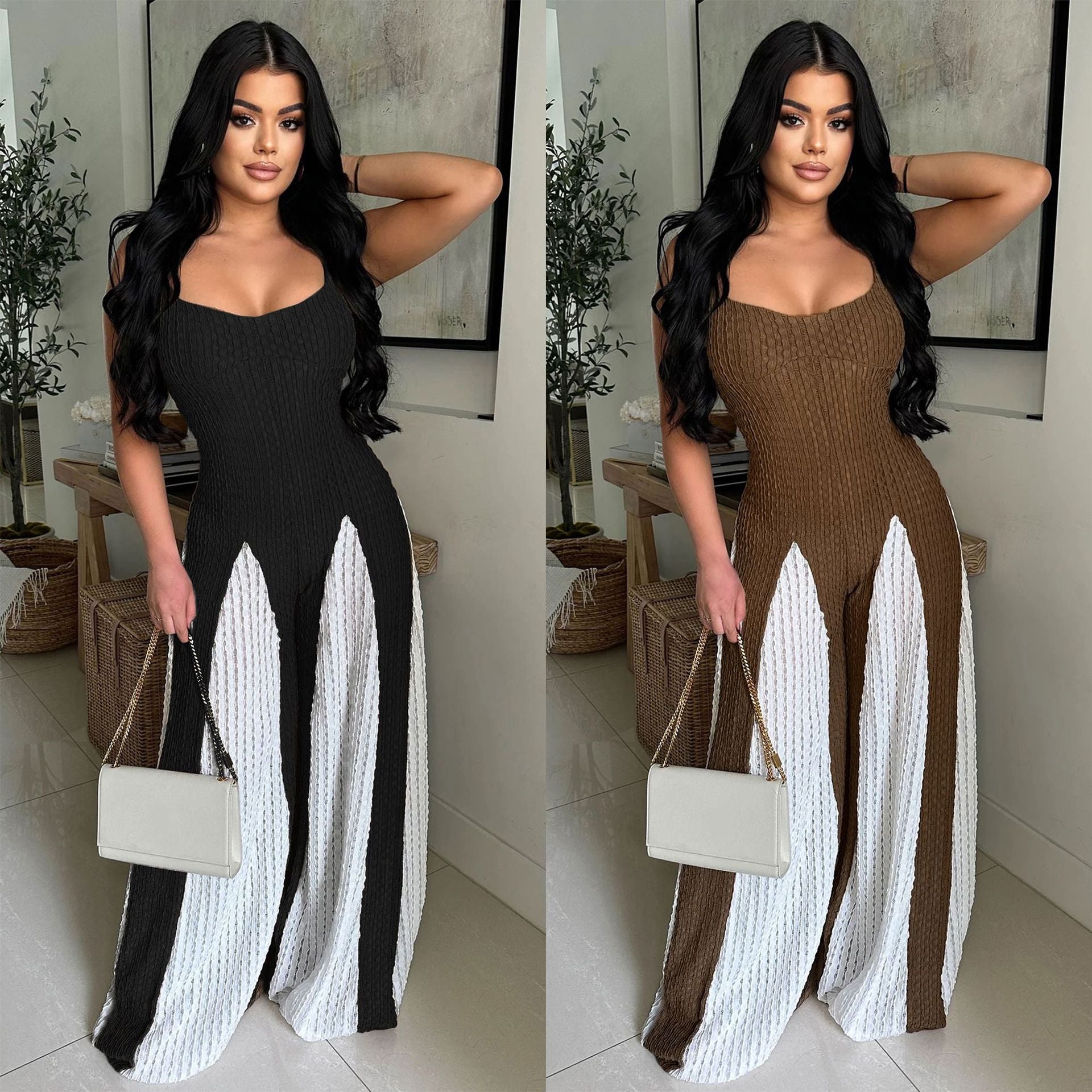 Cutout Wide Leg Knitted Sling Stitching Contrast Color Jumpsuit