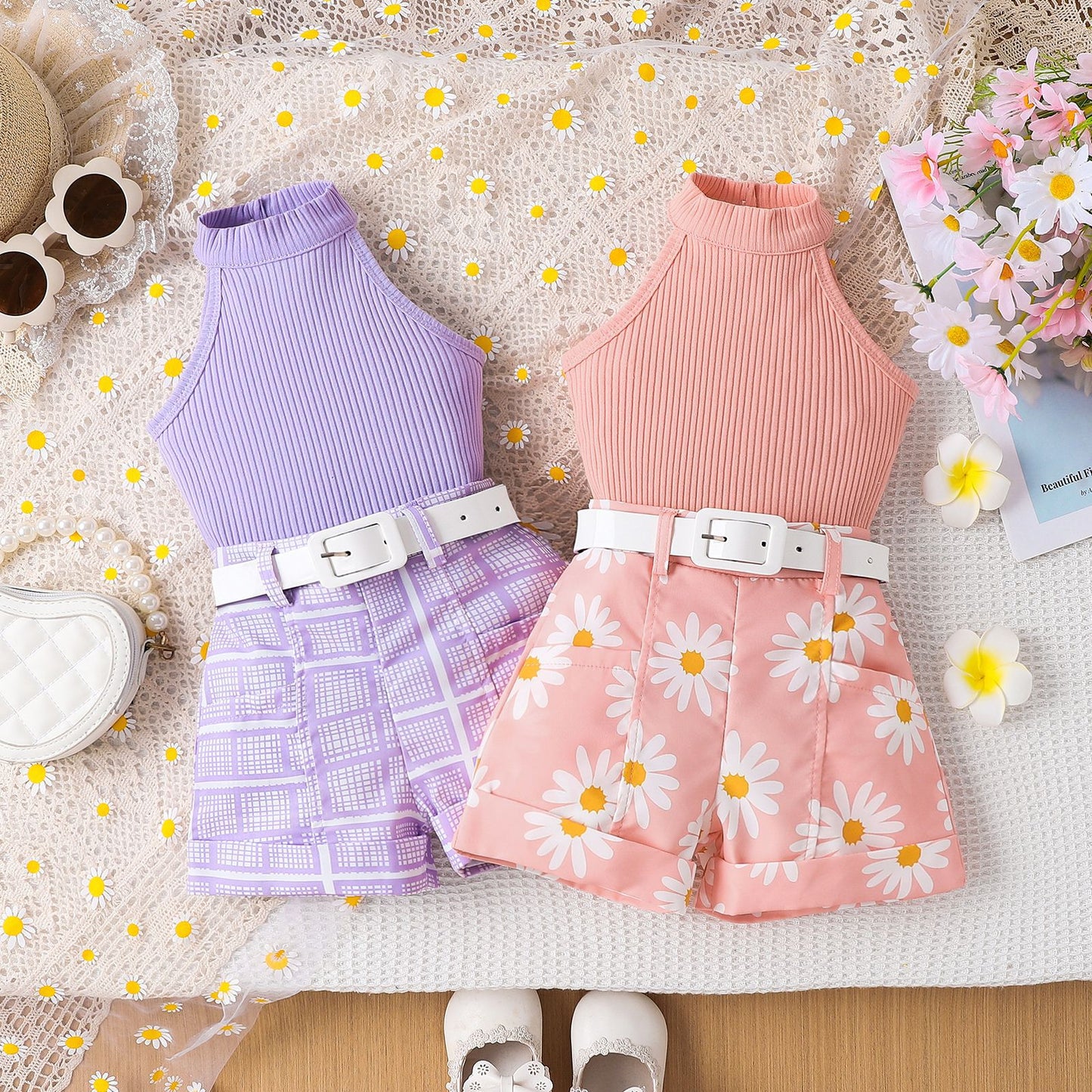 Children's Pure Color Halter Top Printed Shorts Belt