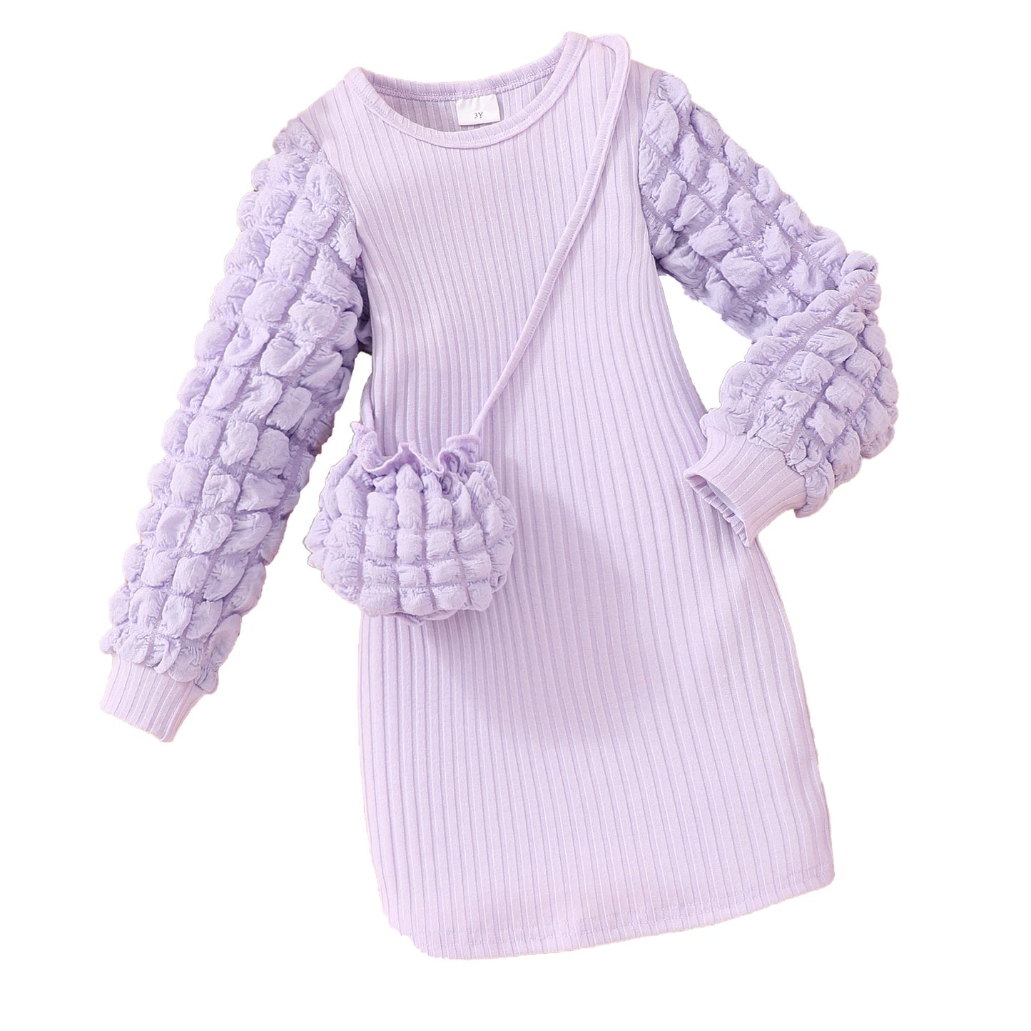 Robe à manches longues et col rond pour fille, couleur unie, à rayures et à rayures profondes
