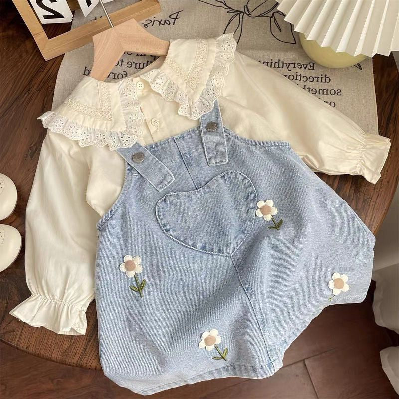 Girls' Suit Lace Shirt Flower Denim Suspender Dress