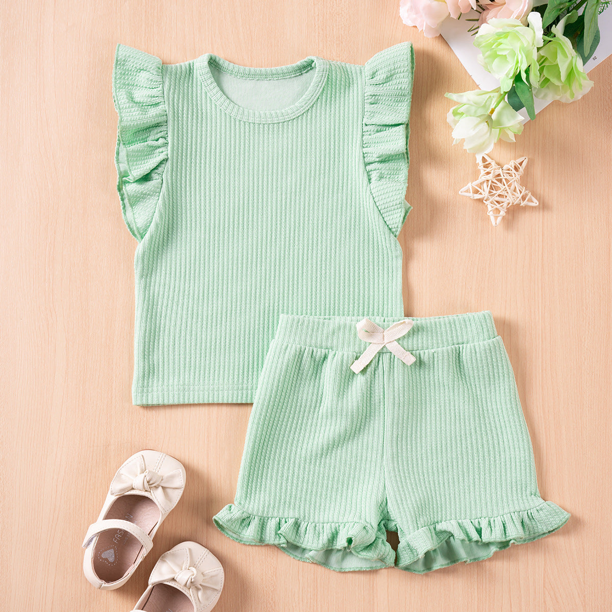 Ensembles d'été pour filles, couleur unie, décontractés, manches volantées, shorts