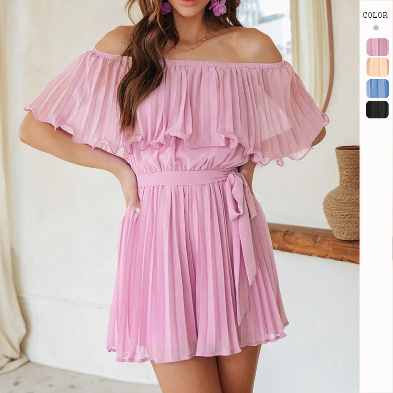 Solid Color Pleated Short-sleeved Jumpsuit