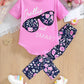 Girls Heat Transfer Patch Short Sleeve Round Neck Top Casual Pants Suit